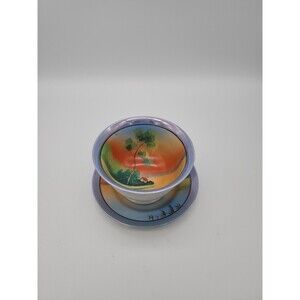 Japan Footed Rice Bowl & Plate Blue Luster Edge Hand Painted Sunset Water House